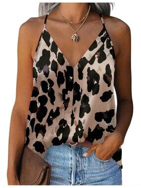 Women's Black Tan Sleeveless V Neck Silk Satin Causal Pull On Blouse Tank Tops
